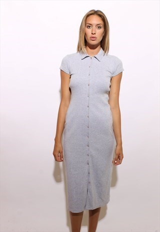 VINTAGE 90S GREY COTTON MAXI SHIRT DRESS BUTTON DOWN XS-S