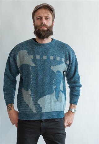 VINTAGE 80S ENGLISHMAN PATTERN JUMPER IN BLUE