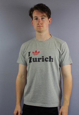 VINTAGE ADIDAS I LOVE ZURICH T SHIRT IN GREY WITH PRINTED LO
