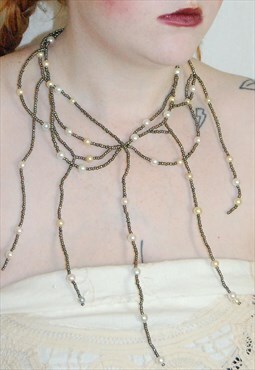 Silver Beaded Large Statement Necklace W Pearls Boho Grung