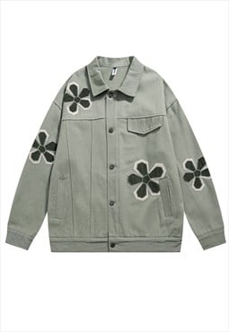 Floral patch denim jacket velvet applique jean bomber green