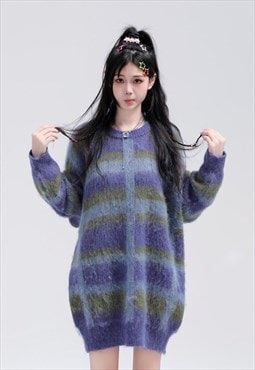 Check sweater knitted fluffy jumper striped top in purple