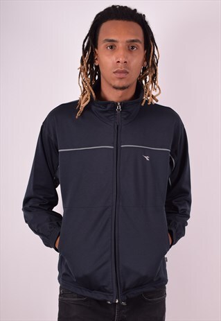 DIADORA MENS VINTAGE TRACKSUIT TOP JACKET MEDIUM BLACK 90S