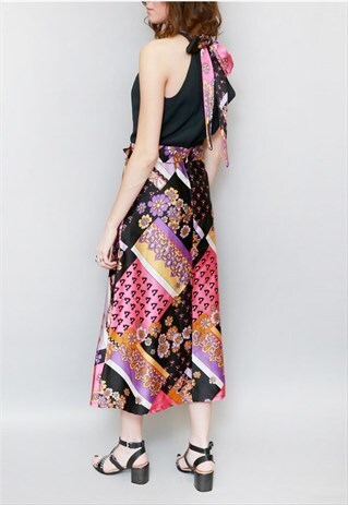 VINTAGE 1970'S MIXED PRINT BOW BACK MIDI DRESS