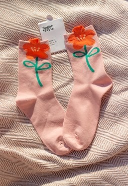 Pink Flower Illustrated Ankle Top Socks