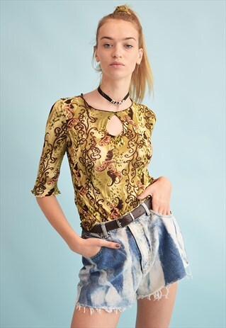 90'S RETRO ORIENTAL PRINT KITSCH MESH KEYHOLE TEEN PARTY TOP
