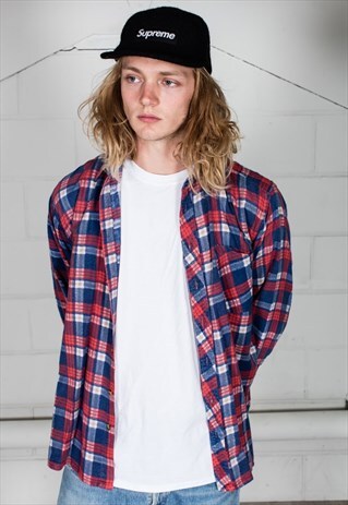 VINTAGE BLUE RED CHECKED FLANNEL SHIRT