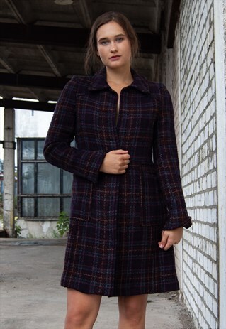 VINTAGE RETRO DARK PURPLE BLUE CHECKED WOOL COAT JACKET