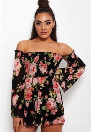 FARA BLACK FLORAL BARDOT PLAYSUIT