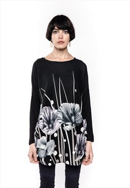 Oversized Long Sleeve Top with Big Floral Print in Black and