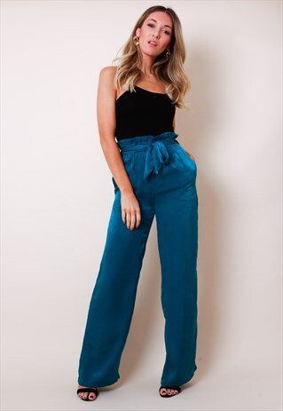 FRILL TIE WAIST WIDE LEG TROUSERS
