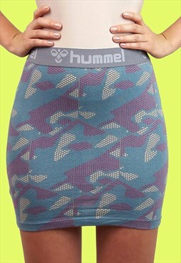 HUMMEL Y2K Camo Print Spandex Stretch Mini Skirt Blue Purple