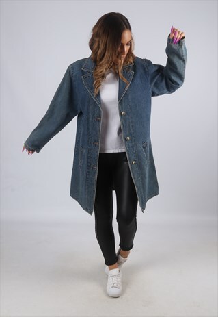 VINTAGE DENIM JACKET OVERSIZED LONGLINE UK L 14 (DK4H)