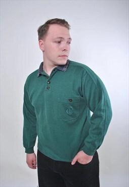Men retro green collared sweatshirt with pocket 