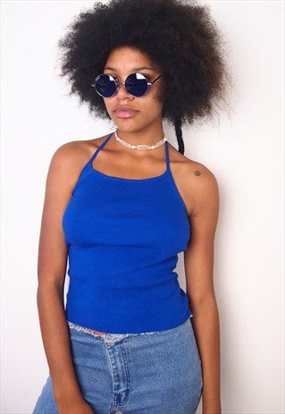BLUE KNIT HALTER TOP