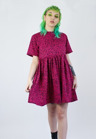 JERSEY SMOCK DRESS IN PINK LEOPARD PRINT