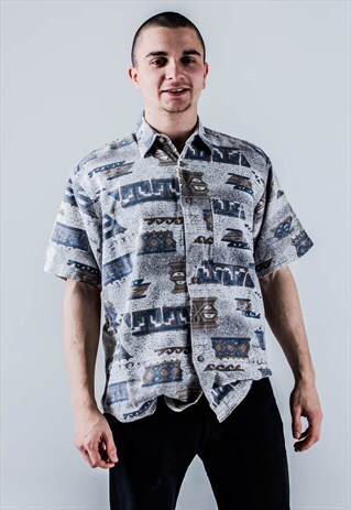 VINTAGE 90S CRAZY PATTERN SHIRT IN GREY, BLUE AND BROWN