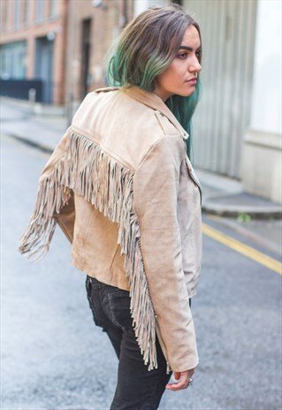 CREAM SUEDE FRINGE BIKER JACKET