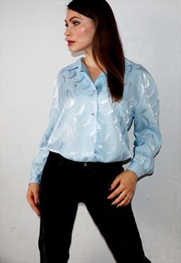 Pastel Blue Jacquard Vintage Blouse Satin Button-Down Shirt