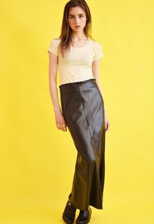 90'S RETRO GRUNGE REGULAR WAIST FAUX LEATHER MAXI SKIRT