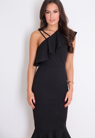 EMILY ONE SHOULDER FRILL MIDI DRESS BLACK