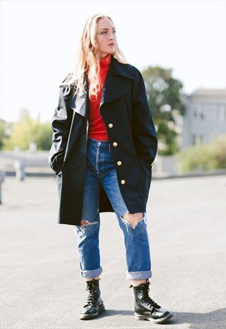VINTAGE 80S BLACK TRENCH COAT WITH GOLD BUTTONS