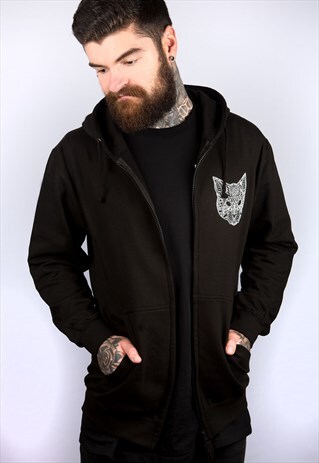 CAT MANDALA BLACK ZIP HOODIE