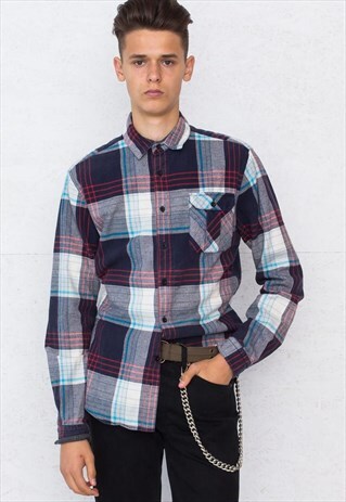 VINTAGE BLUE LONG SLEEVE CHECKERED FLANNEL SHIRT