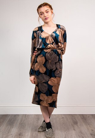 80'S VINTAGE BROWN VELVET PATTERNED MIDI DRESS