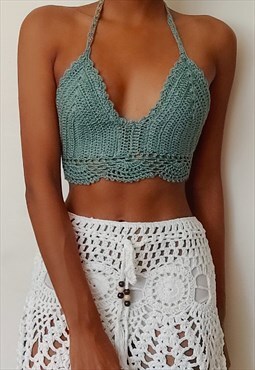 Elvinia Sea Green Crochet festival tie back crop top 