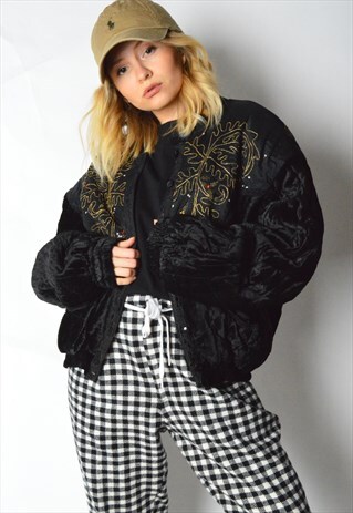 VINTAGE 80S BLACK VELVET EMBROIDERED BOMBER JACKET