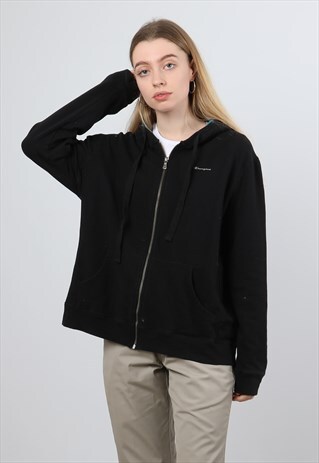 VINTAGE CHAMPION XL BLACK PRINTED SPELL OUT ZIPPED HOODIE