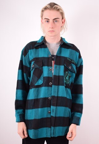 MENS VINTAGE FLANNEL SHIRT MEDIUM BLUE CHECK 90S