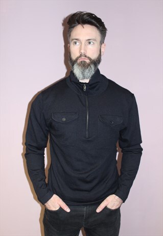 FCUK BLACK KNITTED WOOL TWO POCKETS SMART ZIP COLLAR JUMPER