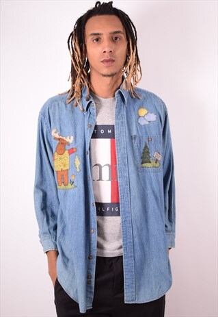 MENS VINTAGE DENIM SHIRT LARGE BLUE 90S