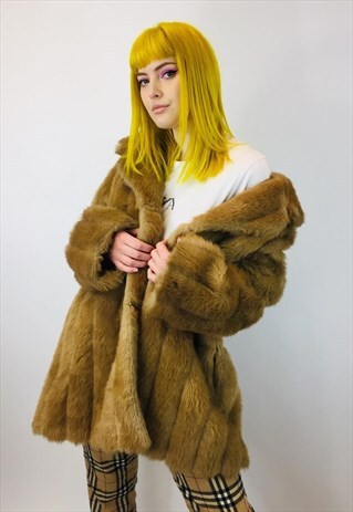 VINTAGE 80S BROWN FAUX FUR COAT