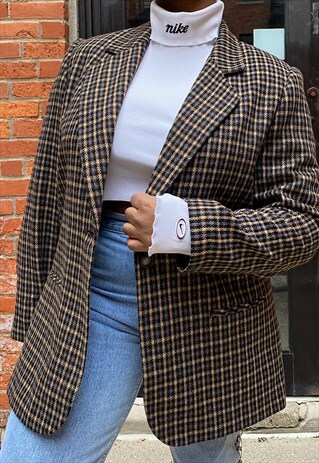 VINTAGE 90S NUDE PLAID WOOL BLEND BLAZER