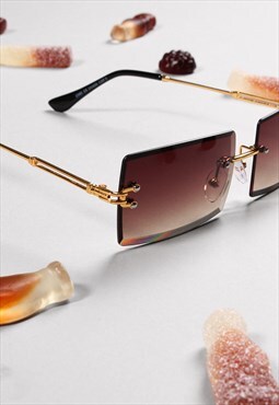 Brown Rimless Y2K Rectangle Gradient Sunglasses 