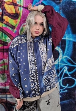 Paisley hoodie retro floral stitched bandana pullover blue