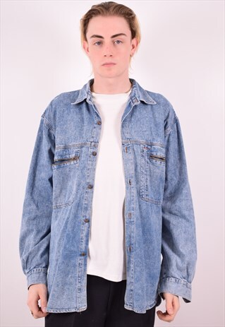 MENS VINTAGE DENIM SHIRT LARGE BLUE 90S