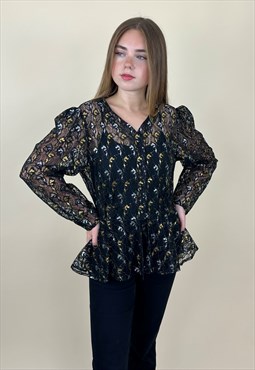 80's Vintage Black Gold Silver Lurex Lace Long Sleeve Blouse