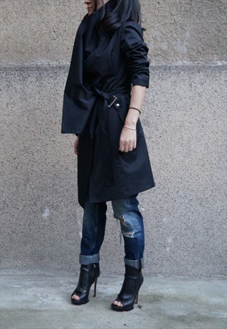 BLACK TRENCH COAT/WAISTCOAT/BELTED/OVERSIZED/SUMMER/F1678