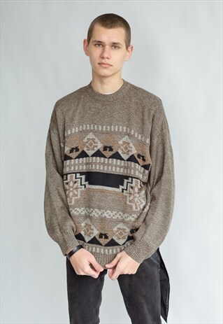 VINTAGE 80S DADS PATTERNED JUMPER IN BROWN