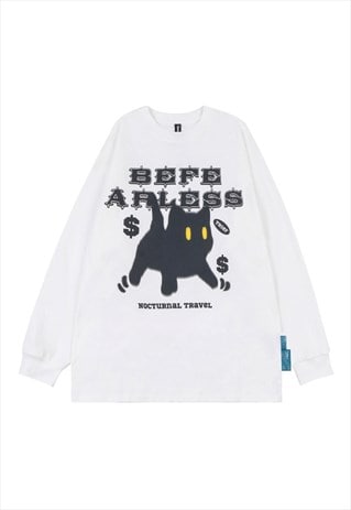 BLACK CAT T-SHIRT LONG SLEEVE GOTHIC TOP FEARLESS SLOGAN TEE