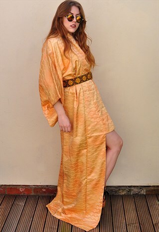 VINTAGE 70S ORANGE LONGLINE FULL LENGTH FESTIVAL BOHO KIMONO