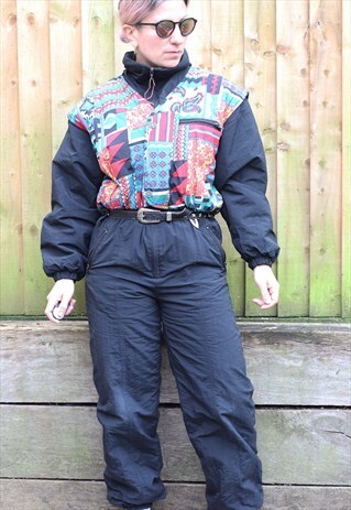 Vintage 1990s colour block printed ski suit in black