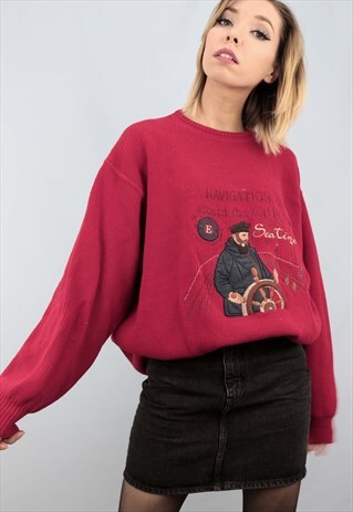 VINTAGE 80S 90S OVERSIZED EMBROIDERED KNIT JUMPER NAUTICAL