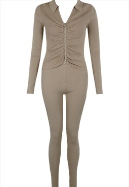 Ruched Zip Up Ribbed Coord Set In Beige