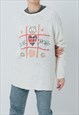 VINTAGE 80S BOXY BEAR PATTERN LONG JUMPER IN WHITE M