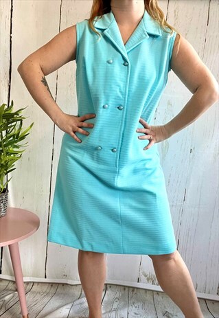 Vintage Aqua Blue Plus Size 70's Collar Dress